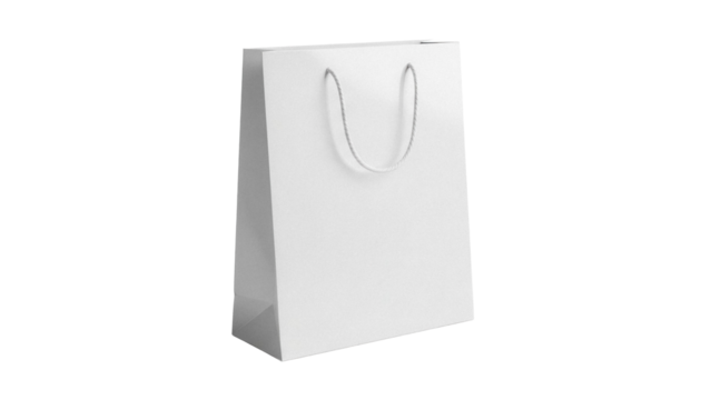 Elegant white paper shopping bag isolated PNG, blank gift bag with rope handles for retail and branding mockups on transparent background
