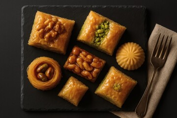 Assorted baklava pastries with nuts on a black slate board, top view shot