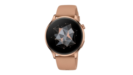 Elegant rose gold smartwatch isolated PNG on transparent background, modern wearable tech with geometric pattern for fitness and lifestyle