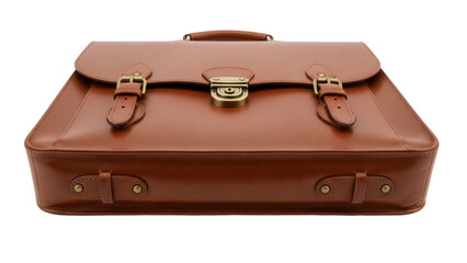 Brown leather briefcase isolated on transparent background, classic business bag for professional use and travel in PNG format