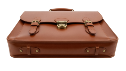 Brown leather briefcase isolated on transparent background, classic business bag for professional use and travel in PNG format