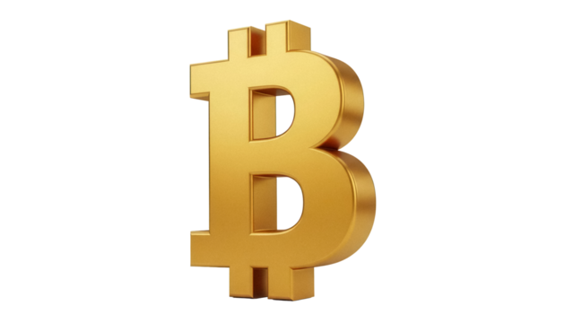 Golden Bitcoin symbol isolated PNG, cryptocurrency logo on transparent background, digital currency icon for financial technology and investment