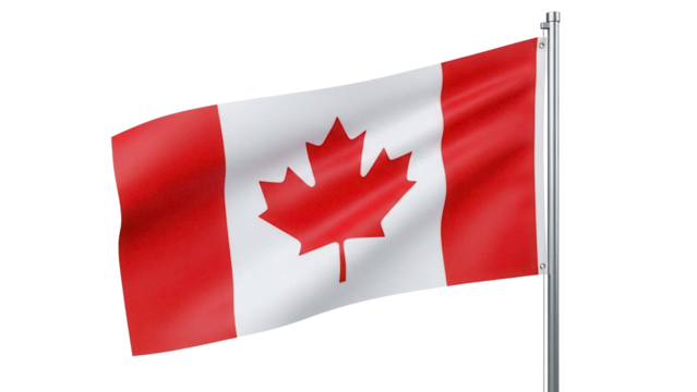 Waving Canadian flag PNG isolated on transparent background, national symbol of Canada for graphic design and patriotic projects