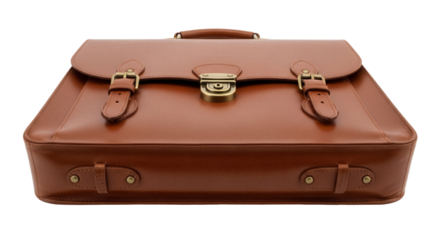 Brown leather briefcase isolated on transparent background, classic business bag for professional use and travel in PNG format
