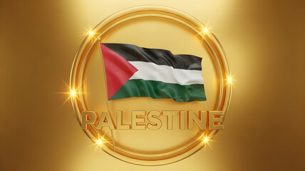 Palestinian flag waving in a golden circle with the word palestine in a golden background