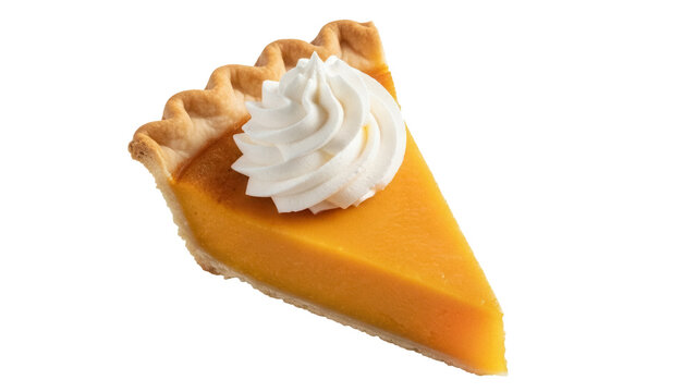 Slice of pumpkin pie with whipped cream isolated PNG, traditional Thanksgiving dessert on transparent background for holiday designs