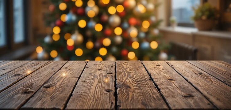 Empty wooden table surface with a warm blurred bokeh background, a versatile product display template
