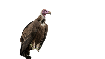 Lappet-faced vulture PNG isolated on transparent background, large scavenger bird with pink head and brown feathers, wildlife
