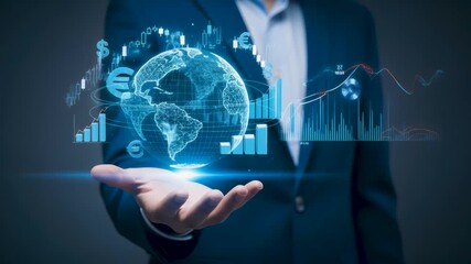 Businessman hand holding virtual world globe with digital financial stock market trading chart, global economy investment currency exchange concept and growth graph in blue corporate background. - Powered by Adobe