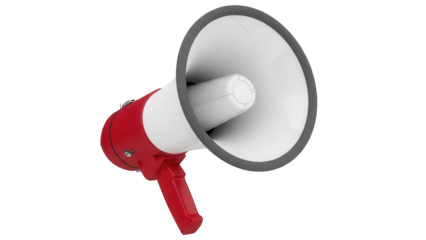 Red and white megaphone isolated PNG on transparent background, public address system for announcements and communication