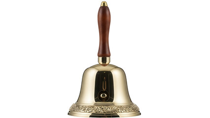 Shiny golden hand bell isolated PNG on transparent background, vintage musical instrument for Christmas celebration and festive events