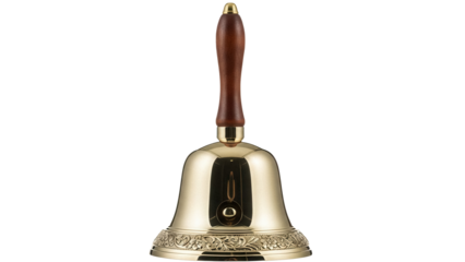 Shiny golden hand bell isolated PNG on transparent background, vintage musical instrument for Christmas celebration and festive events