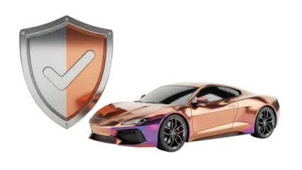 Metallic copper sports car PNG isolated on transparent background, modern vehicle with iridescent accents for automotive design and advertising