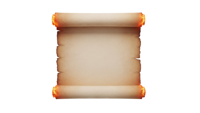 Old paper scroll isolated PNG on transparent background, vintage parchment with burnt edges for treasure map or historical document design - Powered by Adobe