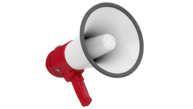 Red and white megaphone isolated PNG on transparent background, public address system for announcements and communication