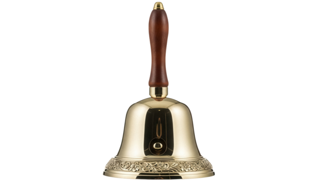 Shiny golden hand bell isolated PNG on transparent background, vintage musical instrument for Christmas celebration and festive events - Powered by Adobe