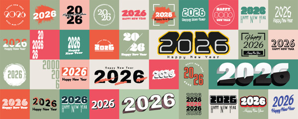 Colorful vector art collage of 2026 happy new year typography designs in diverse retro and modern styles on pastel squares with playful festive mood