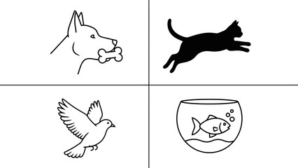 Set of four minimalist pet icons including a dog with a bone, a jumping cat silhouette, a flying dove, and a fish in a bowl