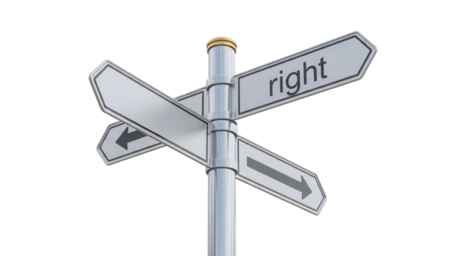 Directional signpost with right arrow isolated PNG, navigation concept for travel and decision making on transparent background