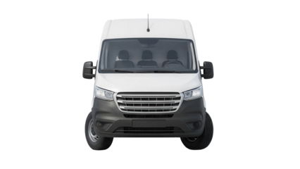 Modern white delivery van isolated PNG on transparent background, commercial vehicle for transportation and logistics