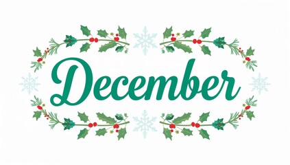 Festive december text with holly berry and snowflake border isolated on white background