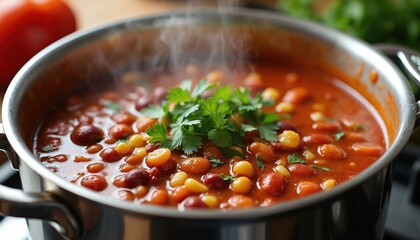 Simmering pot filled with vegan chili. Beans mix with tomato sauce, fresh herbs. Healthy veggie dish for warm comfort meal. Vegan recipe promotes eco friendly lifestyle, diet concept. Hearty food for