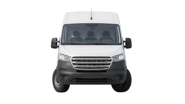 Modern white delivery van isolated PNG on transparent background, commercial vehicle for transportation and logistics