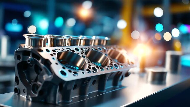 Modern engine block detail, black finish coating, precision manufacturing, automotive engineering, cylinder head visible, contemporary design, mechanical assembly, defocused backgr