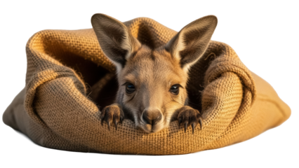 Adorable baby kangaroo joey in a burlap sack isolated PNG, cute animal portrait on transparent background