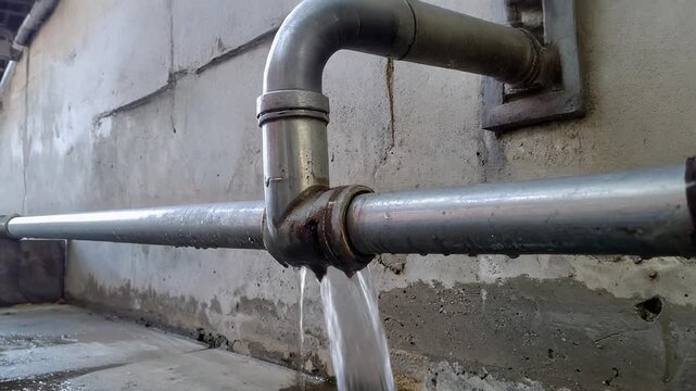 コンクリート壁沿いの水道管が凍結で破裂し水が流れ出る光景