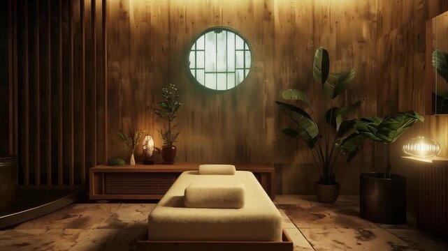 The cosy interior with wooden walls, a round window and green plants creates a calm atmosphere, suitable as a backdrop for meditation practices or spa salons.
