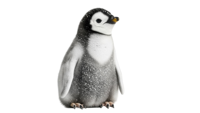 Adorable emperor penguin chick isolated PNG, fluffy baby bird on transparent background for wildlife and nature designs
