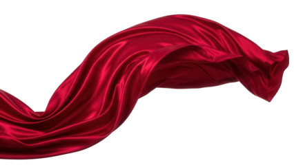 Elegant flowing red silk fabric isolated PNG on transparent background, luxurious satin material for fashion design and decorative elements