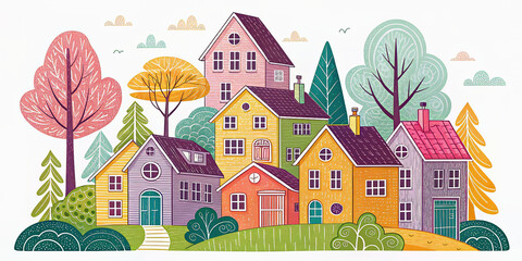 A charming and colorful illustration of whimsical houses nestled on a grassy hill, surrounded by vibrant trees and playful landscapes, creating a delightful neighborhood scene full of character and wa