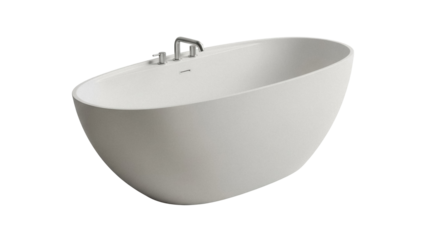 Modern freestanding bathtub isolated PNG, contemporary bathroom fixture with chrome faucet on transparent background for interior design mockups