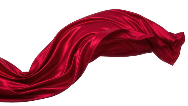 Elegant flowing red silk fabric isolated PNG on transparent background, luxurious satin material for fashion design and decorative elements