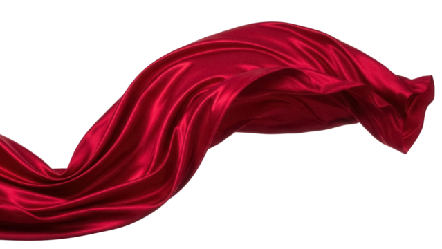 Elegant flowing red silk fabric isolated PNG on transparent background, luxurious satin material for fashion design and decorative elements