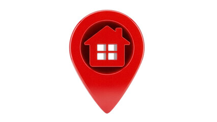 Red house icon in map pointer shape isolated PNG, real estate location symbol on transparent background for maps and navigation apps
