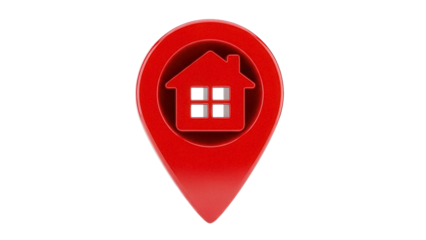 Red house icon in map pointer shape isolated PNG, real estate location symbol on transparent background for maps and navigation apps