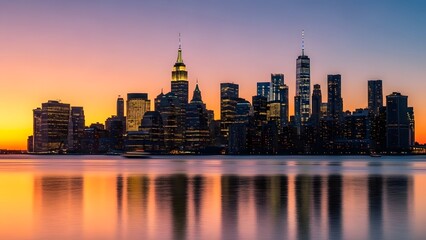 Iconic city skyscrapers silhouetted against a stunning sunset sky with tranquil water reflections.