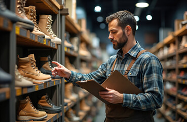 Man checks inventory of boots on shelves. Retail worker with clipboard organizes shoe store display. Male salesperson counts stock near racks.