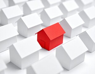 Fototapeta premium Rows of miniature white houses with one bright red house standing out