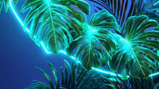 green_and_blue_neon_light_with_tropical_leaves