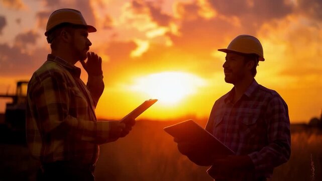 Two builders discuss plans against the backdrop of sunset, symbolising professionalism and teamwork &mdash; an excellent background for articles on work ethic or industrial development.
