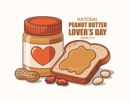 National Peanut Butter Lover's Day vector. Toasted bread with peanut butter icon. Peanut butter jar and spread bread vector. Peanut butter sandwich illustration. March 1. Important day