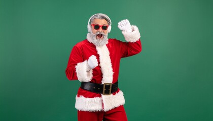 Modern Father Christmas with headphones and sunglasses dancing and celebrating on a green screen background