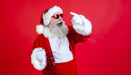 Cool Father Christmas in sunglasses dancing and pointing up against a vibrant red studio background with copy space