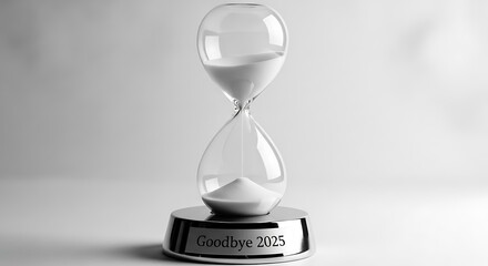 Hourglass with sand and goodbye  2025 text on the base