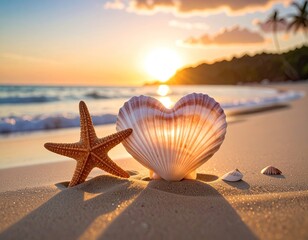 Sunrise scene on sandy beach with starfish, heart-shaped shell, and other shells