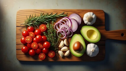 Fresh ingredients on a wooden cutting board perfect for a healthy cooking concept food preparation flat lay display top view close up